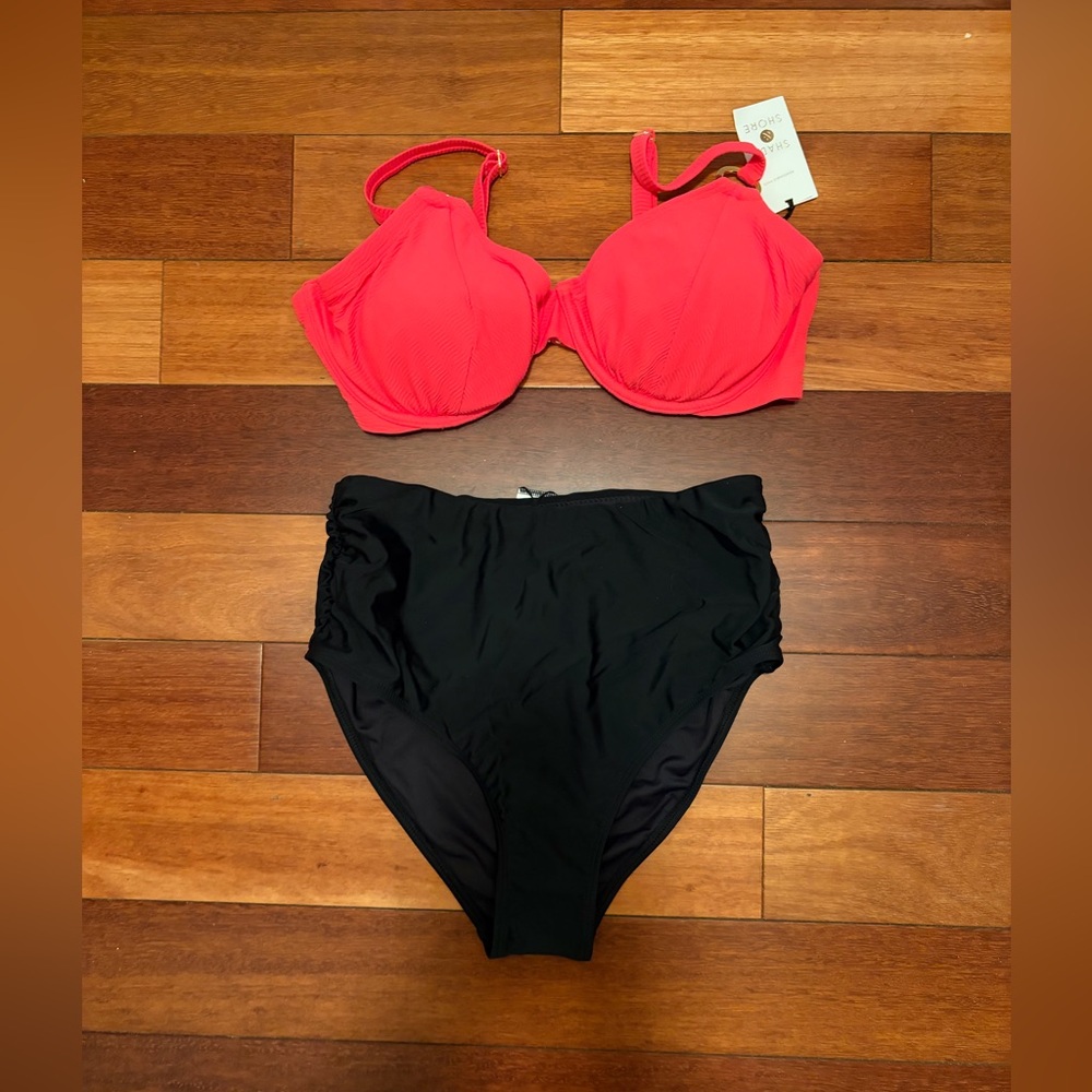 Women's High-Waist Black Swim Bottom & Coral Underwire Bikini Top Set